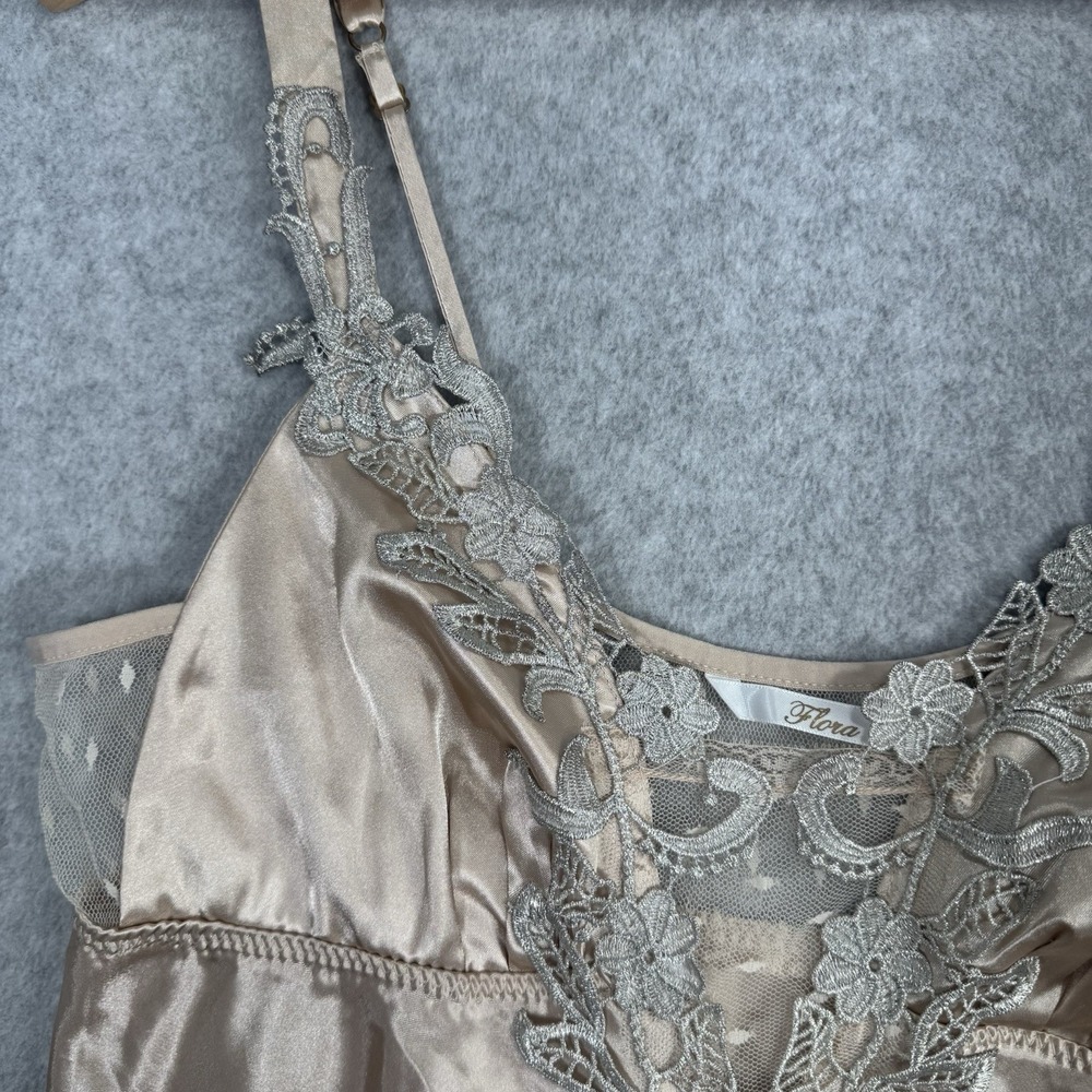 Flora Champagne Satin Chemise Slip Dress Size M Lace Trim V-Neck Babydoll Fairy - Picture 2 of 11